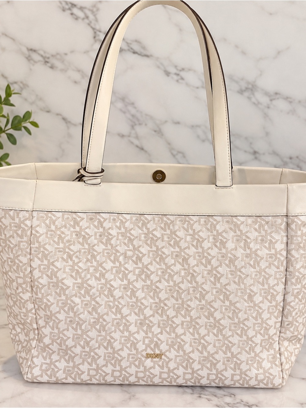 DKNY White Monogram Tote Bag | Large Shoulder Bag